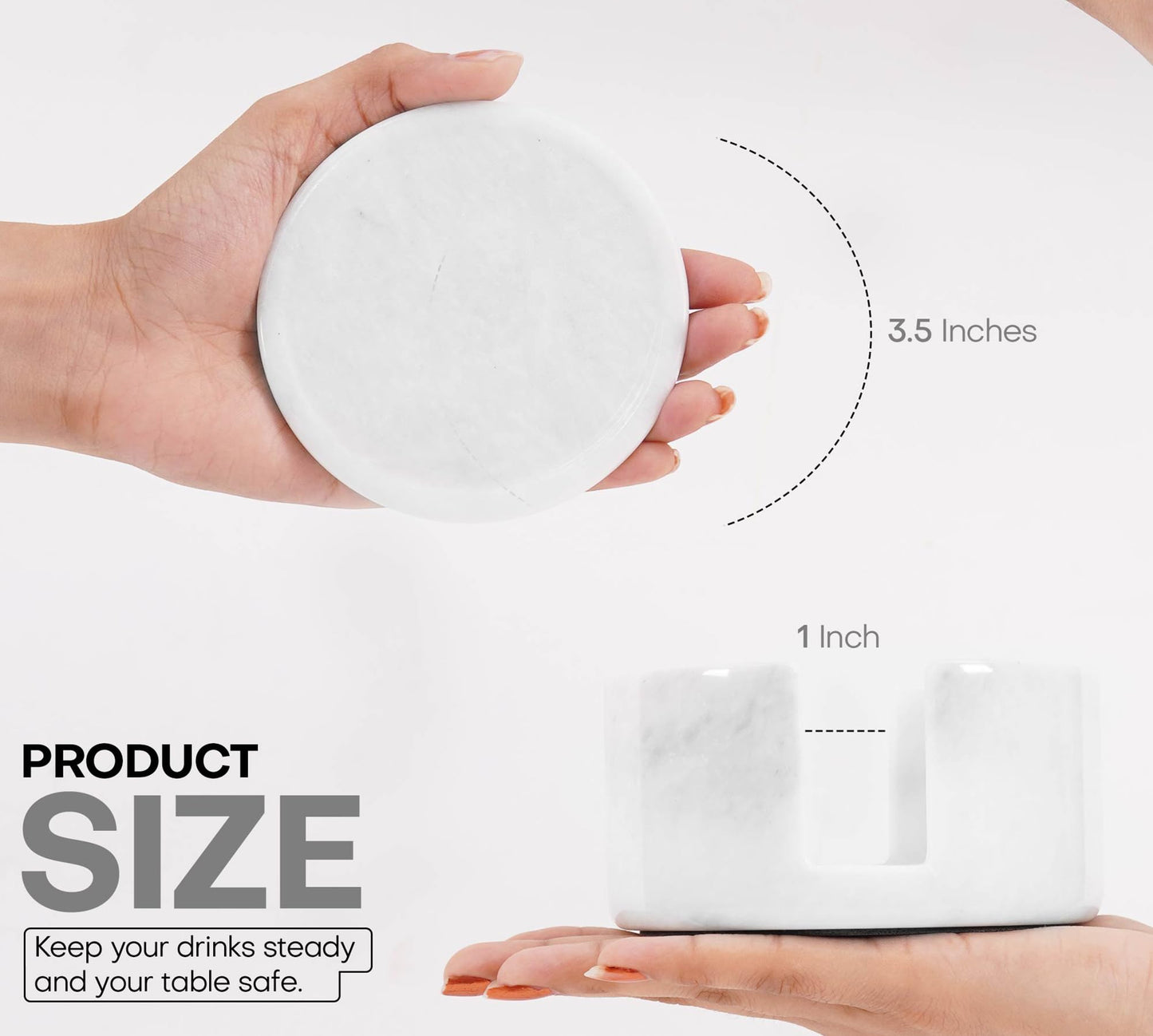 Radicaln White Marble Coasters Set of 4 Handmade 3.5" Inch Round Coasters for Drinks, Elegant Coaster Set with Holder for Dining and Coffee Tables