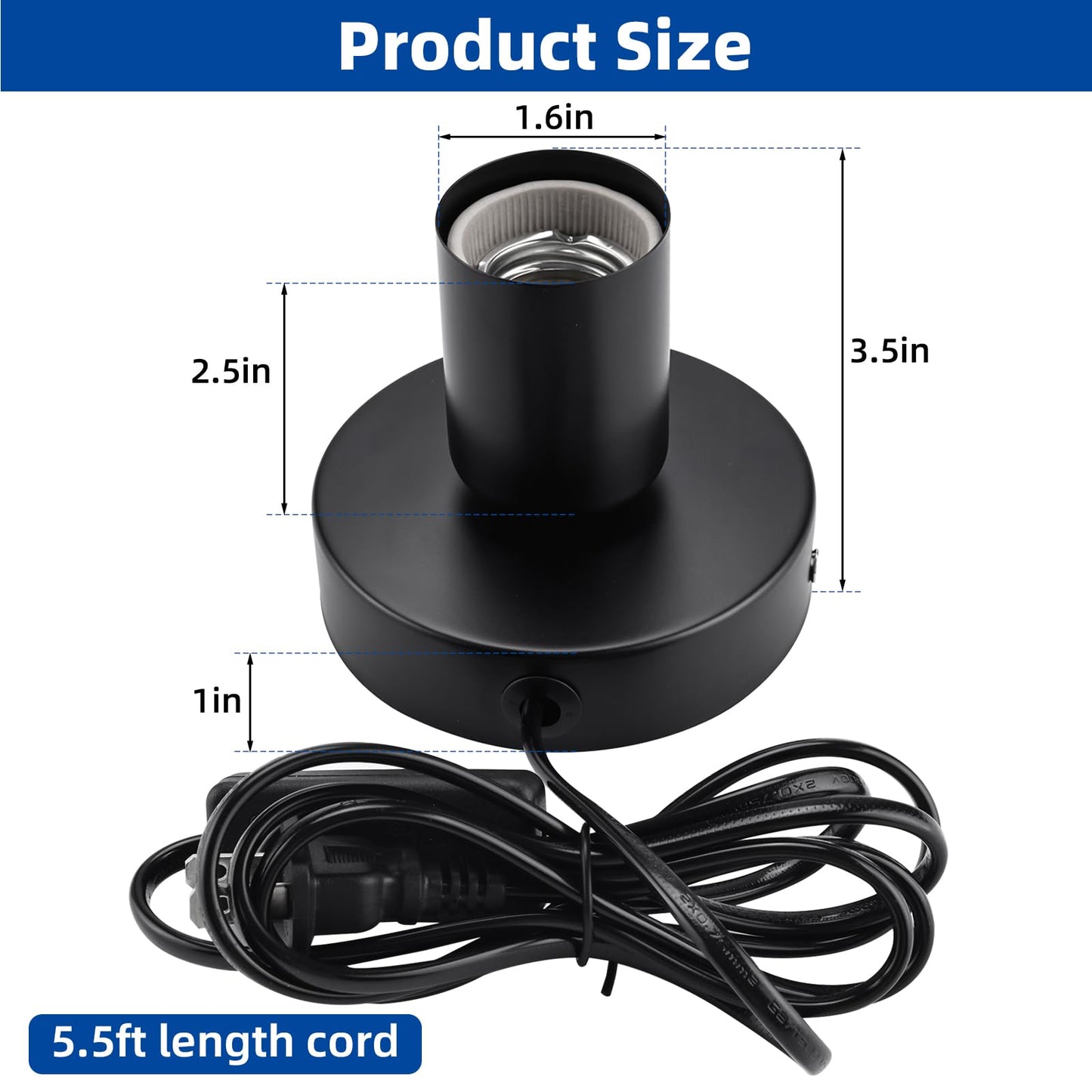 Patioer 4-Pack Metal Desktop Lamp Base, E26 E27 Screw Light Bulb Holder with 5.5 Feet Cord On/Off Switch & Plug, Polished Black Finish
