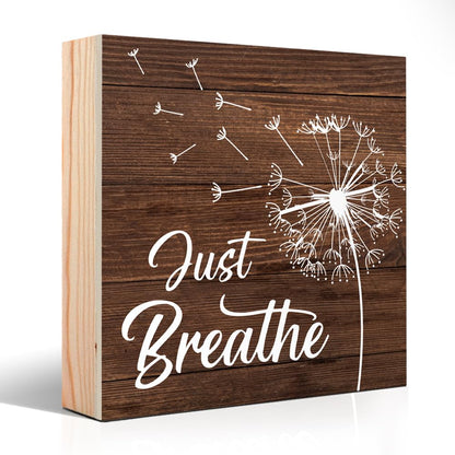PUVOXHO Just Breathe Funny Dandelion Wooden Sign Desk Decor for Home Office Farmhouse Bedroom, Yoga Spa Room Decor, Inspirational Gifts for Women Boss Leader Supervisor Coworkers Family Friend BFF