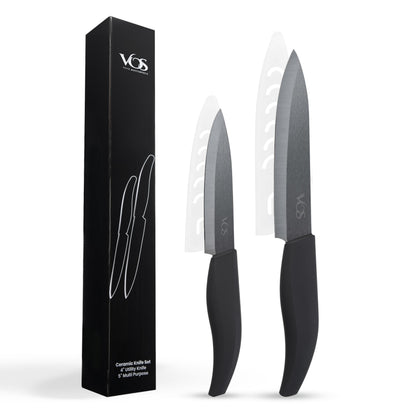 Vos ceramic knives set for kitchen in gift box, set of 2 ceramic knife with cover, 5.5" santoku & 4.5" utility for home cooks, Ultra Sharp, lightweight, rust-free, dishwasher safe (Black handle)