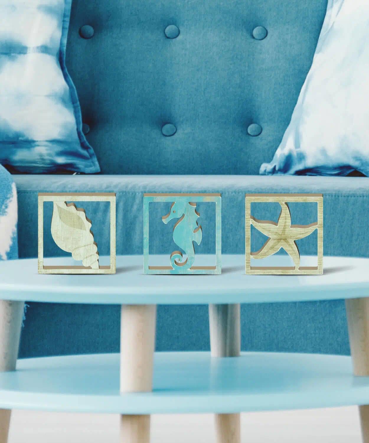Putuo Decor Coastal Decor, Ocean Themed Tabletop Decor Set of 3, Seashore Seahorse Starfish and Shell MDF Desk Accents for Living Room, Bedroom, Office, Beach House
