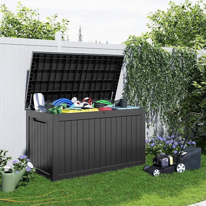 ROJIK Outdoor Storage Housing Deck Box,Waterproof Patio Furniture, Garden Tools,Cushions,Pool Accessories Storage Bench with Lockable Lid and Side Handles (Black,280 Gal)