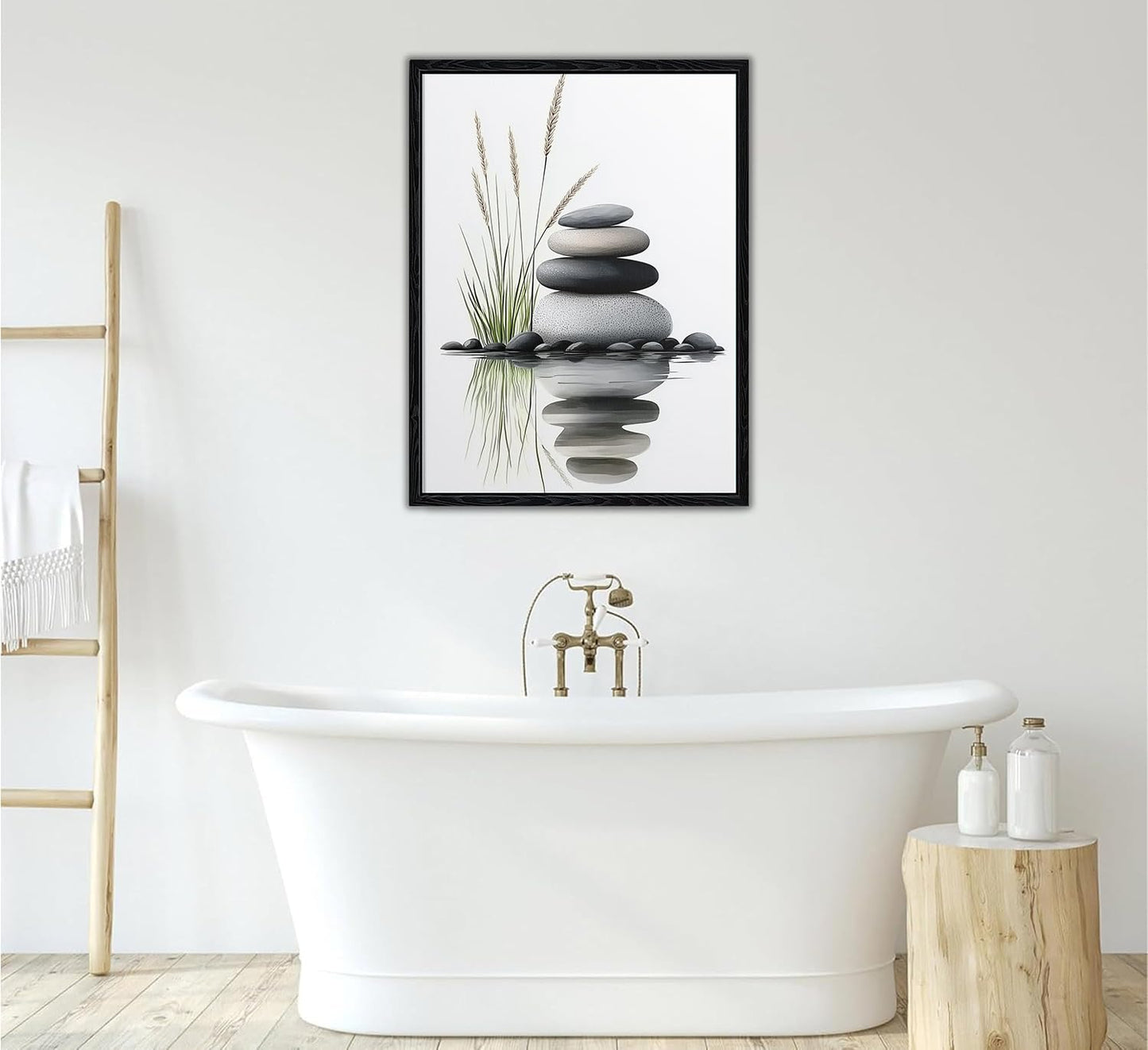 Serene Zen Stacked Stones with Water Reflection Canvas Wall Art - Cozy Modern Minimalist Spa Decor for Bathroom Bedroom Living Room - HD Waterproof Premium Stretched Framed Ready to Hang 12x16 Inches