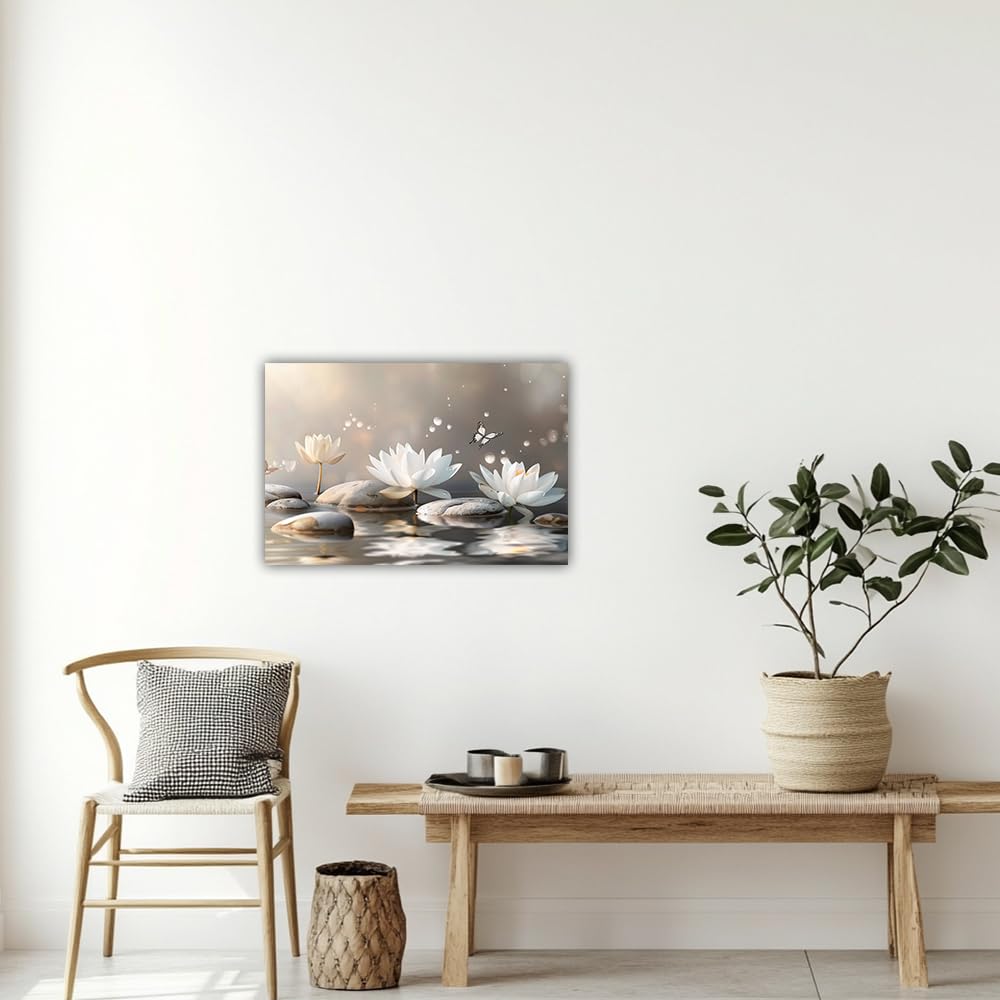 Zen Canvas Wall Art White Lotus Massage Stone on Water Picture Wall Art Meditation Spirit Painting Prints Spa Yoga Room Decor Framed(Zen-5,12x18inch (30x45cm))