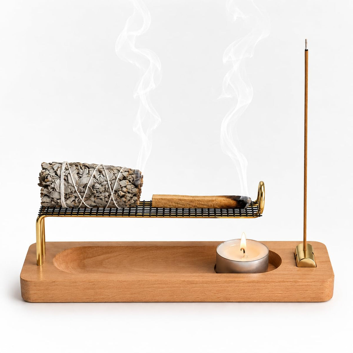 4 in 1 Incense Holder for Sticks, Palo Santo and Sage Holder, Wooden Incense Burner with Ash Catcher, 2 in 1 Incense and Candle Holder, Unique Incense Stick Holder for Yoga Meditation Decor