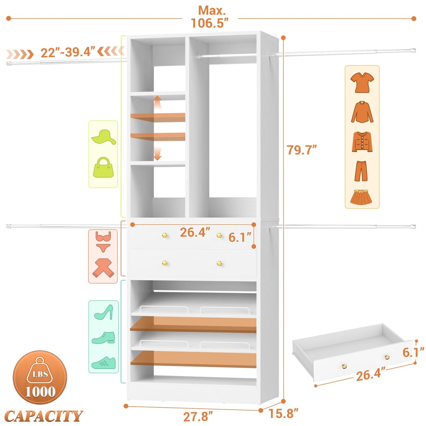 Besiost Closet System, 4.2–8.8 FT Closet Organizer with 2 Wooden Drawers and Shelves, Walk-in Closet System with 5 Hang Rods, Built-in Reach in Closet Tower, Can Fit 60 to 96 inch, White