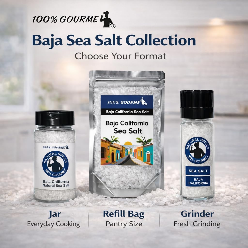 100% Gourmet Baja California Sea Salt Grinder (6 oz) – Pacific Ocean Mineral Salt – Natural & Unrefined – Coarse Sea Salt for Cooking, Seafood & Finishing – Refillable Glass Grinder