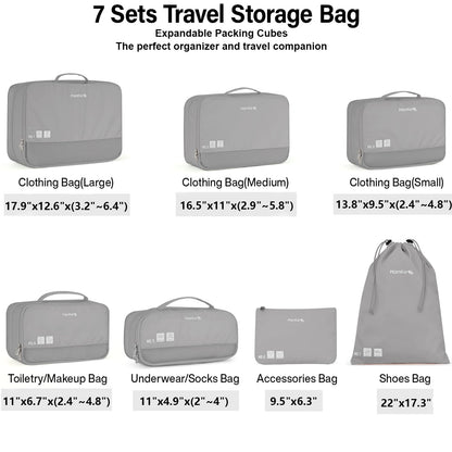 Hanke 7 Set Compression Packing Cubes for Travel, Expandable Large Packing Cubes for Suitcases and Backpack, Luggage Packing Organizer Bags with Double Zipper as Travel Essentials,Light Grey