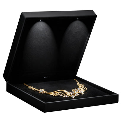 Allure - Large Necklace Box With LED Light, Square Shaped, Elegant Diamond Necklace Case, For Unique Proposal, Engagement Or Wedding, Luxury Black Velvet Interior Jewelry Display Gift Box