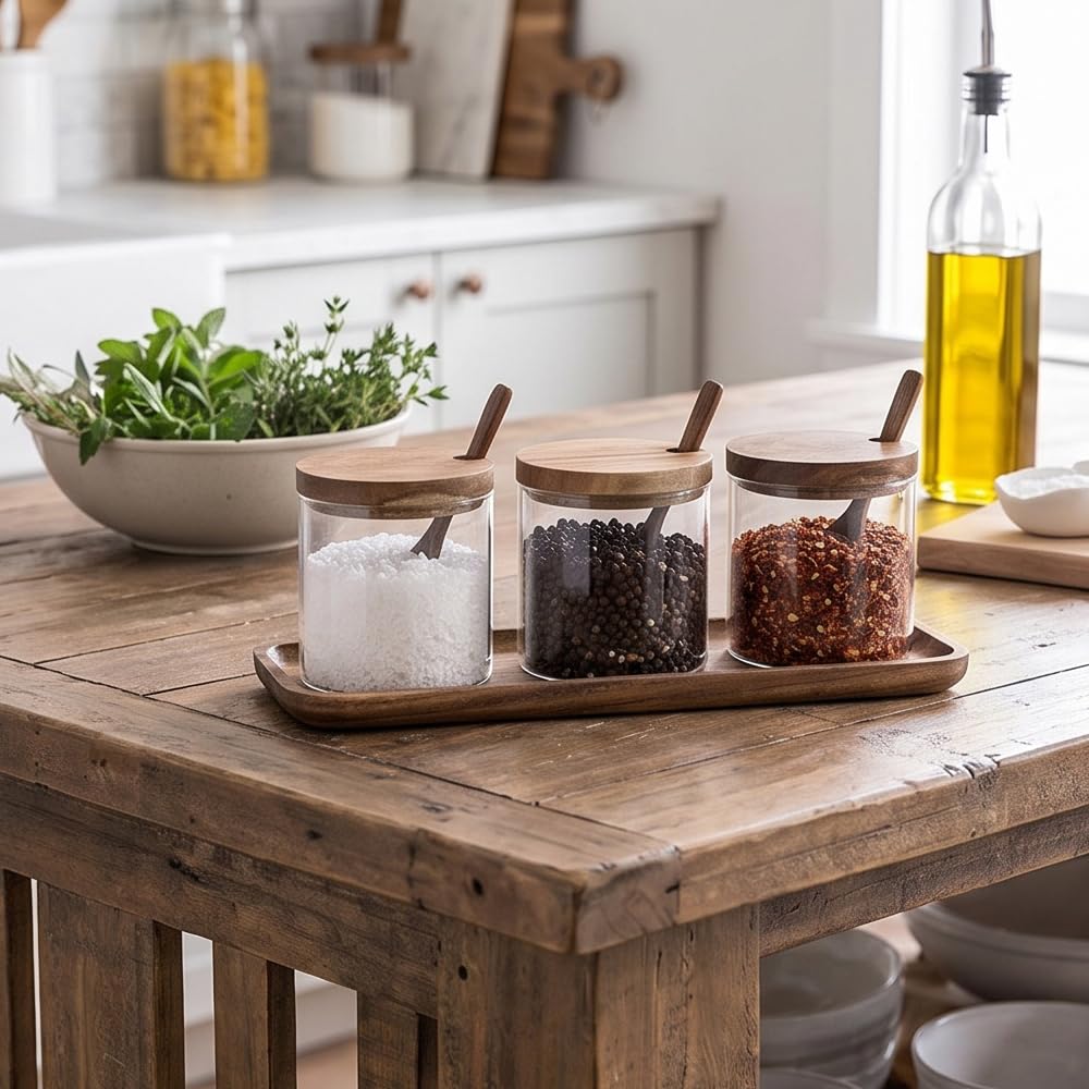 lorjibaso Glass Spice Jar Set of 3 with Acacia Wood Lids, Spoons and Tray, 10 oz Clear Condiment Jars for Salt, Sugar, Pepper and Spices, Kitchen Countertop Organizer for Coffee Bars and Dining Tables