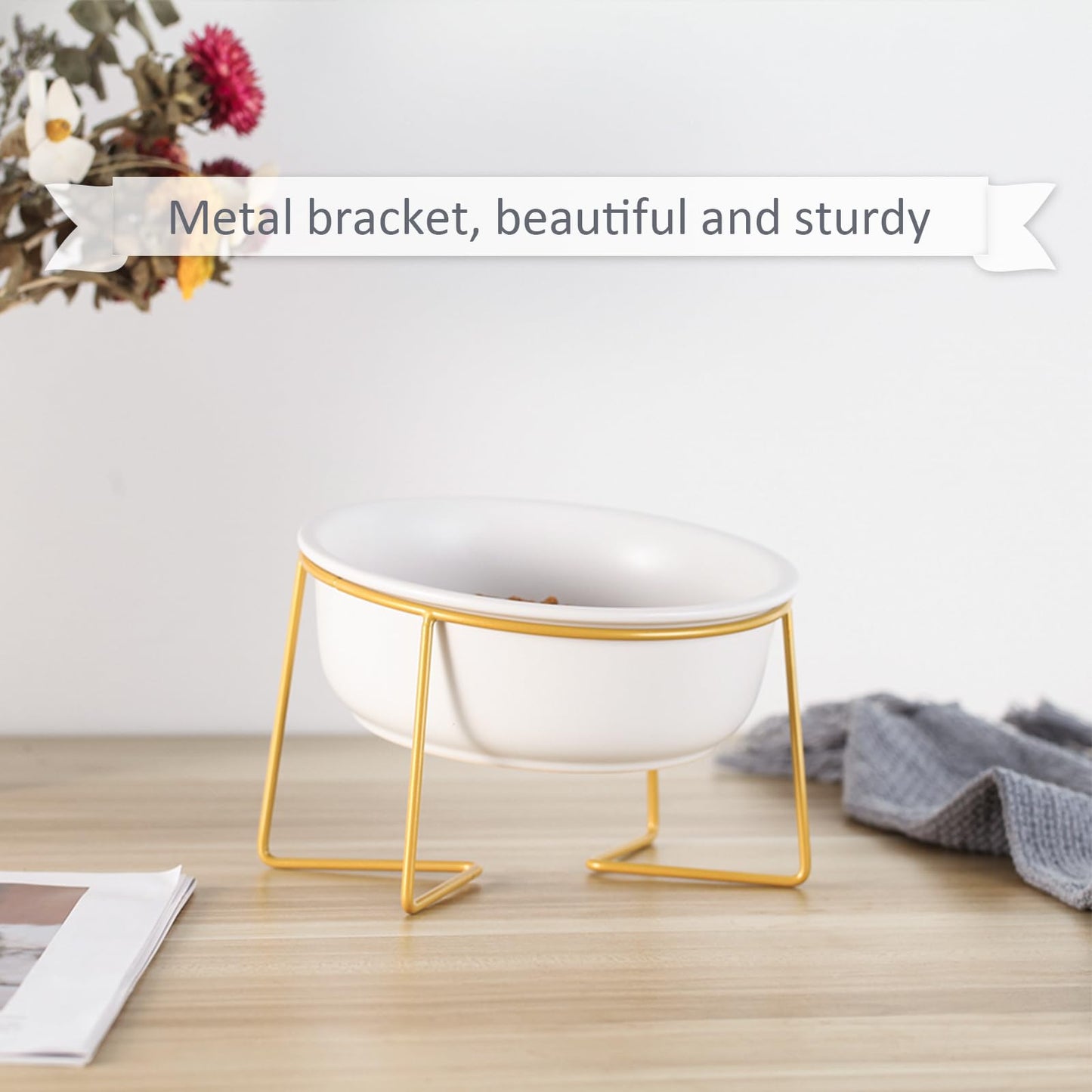 Ceramic Dog Bowls Elevated Tilted - Raised Dog Bowl with Metal Stand - Lifted Cat Feeding Bowls Anti Vomit - Dog Dishes for Food and Water - Pet Dish for Small to Medium Dogs and Large Cats - 800 ml