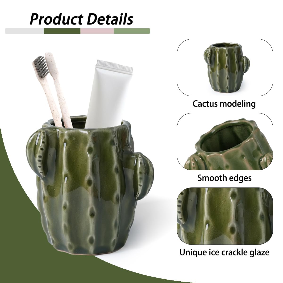 Cactus Toothbrush Holder for Bathrooms，Ceramic Toothpaste Holder Cute Toothbrush Holder Set,for Bathroom Counter and Desk Office Fun Decor Desk Organizer, Makeup Brush Holder - Dark Green