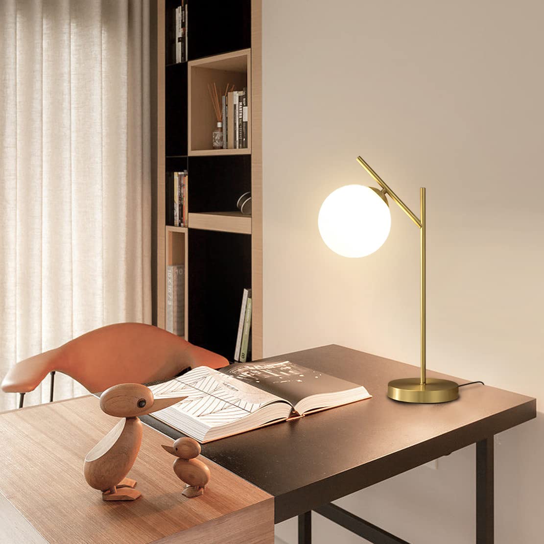 Fulesi Mid Century Modern Table Lamp, 1 Light Brass Glass Globe Bedside Lamp, Contemporary Metal Table Lamp with Milky White Glass shadefor Bedroom Living Room Study Room