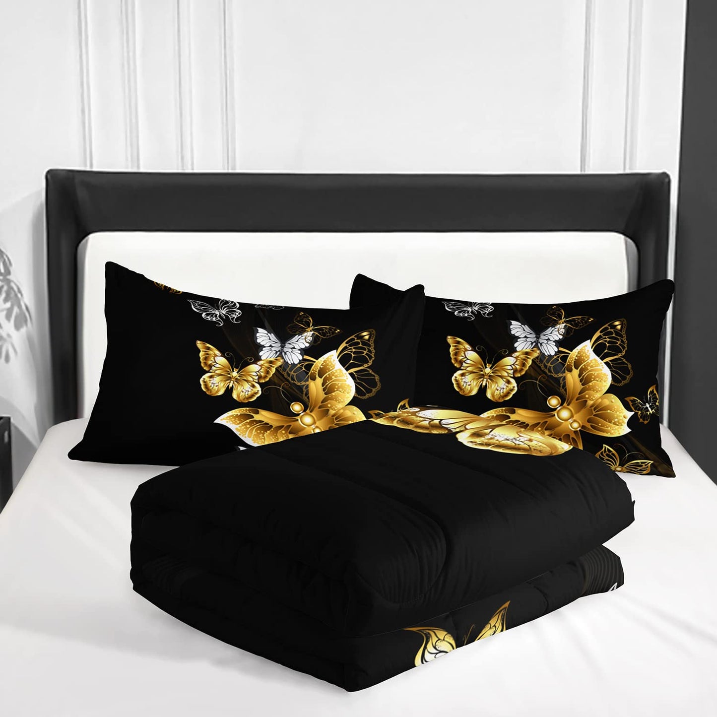 XYNHML Butterfly Comforter Set for Adults Black and Gold Butterfly Bedding Set Aesthetics Butterflies Quilt Duvet Set Full Size with 1 Comforter and 2 Pillowcases