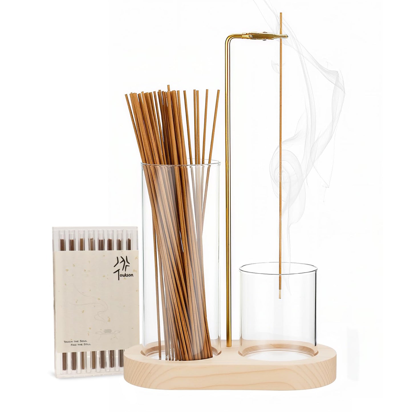 2-in-1 Incense Stick Holder with Glass Ash Catcher, Dual Glass Cups & Metal Clip, Minimalist 8-Shaped Wooden Base, Home Decor Gift (Dark Base)
