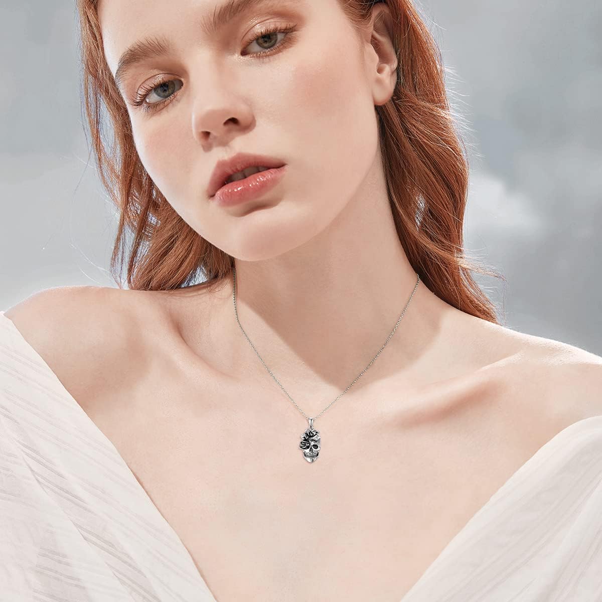 Seiyang Skull Necklace for Women Sterling Silver Goth Skulls Rose Pendant Halloween Necklaces Skull Jewelry Gift for Women Men Halloween (Rose Skulls Necklace)