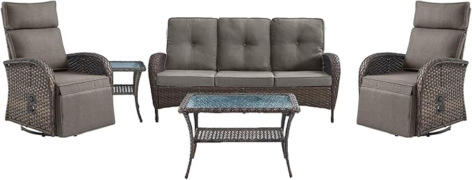 5 Piece Patio Furniture Set with Swivel Recliner Chair - Removable Outdoor Patio Couch Set, Chaise Lounge Chair Outdoor with Adjustable Backrest and Footrest and Coffee Table for Casual Gathering