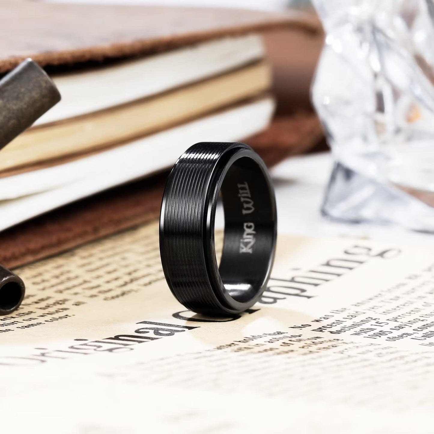 King Will Black Line Groove Mens Women 8mm Spinner Rings Stainless Steel Anxiety Fidget Ring for Women Men Polish Groove Wedding Band Fidget Ring Matte Brushed Comfort Fit 11