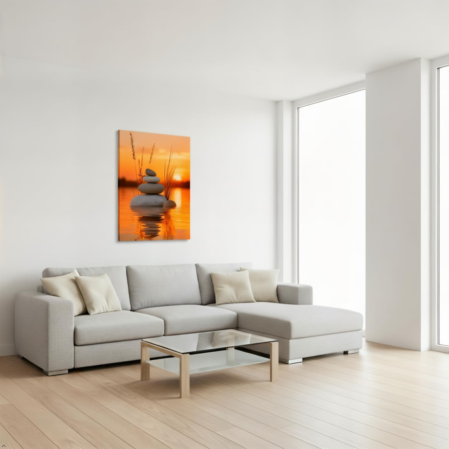 Zen Stone Canvas Wall Art, Sunset Lake Meditation Canvas Painting, Stacked Balance Stones Nature Landscape Artwork, Spa Relaxing Wall Decor for Bathroom Bedroom Living Room, Ready to Hang 12x16 16x24