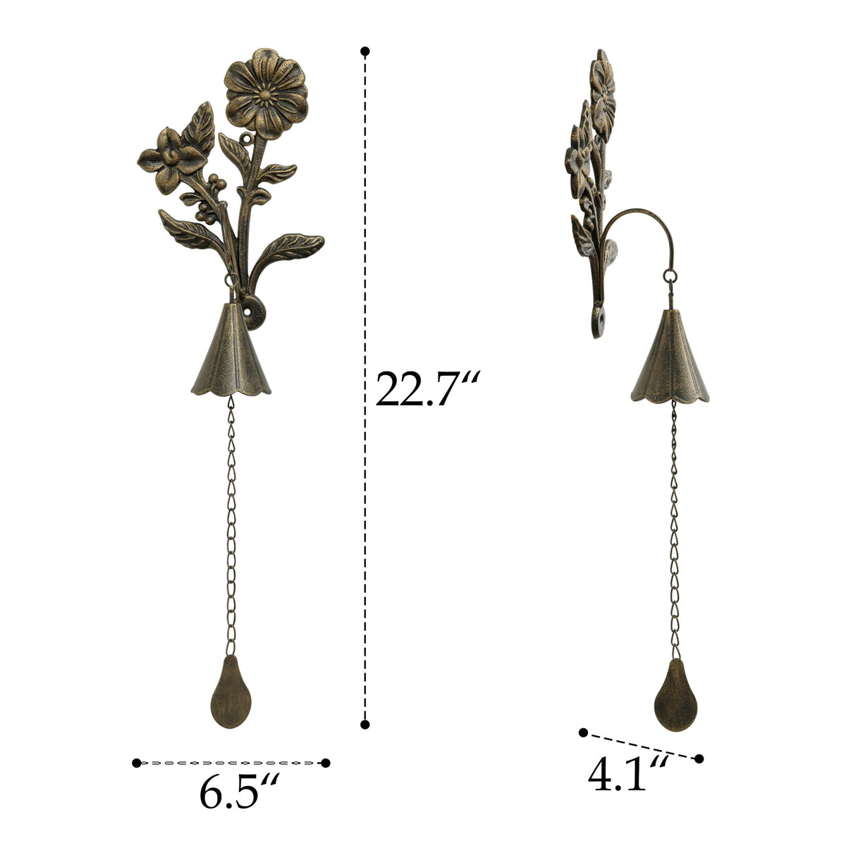 SOFFEE GARDEN Floral Cast Iron Bell, Double Flower & Cone-Shaped Bell Design for Porch, Pathway, or Garden Decor, Antique Style Metal Chime