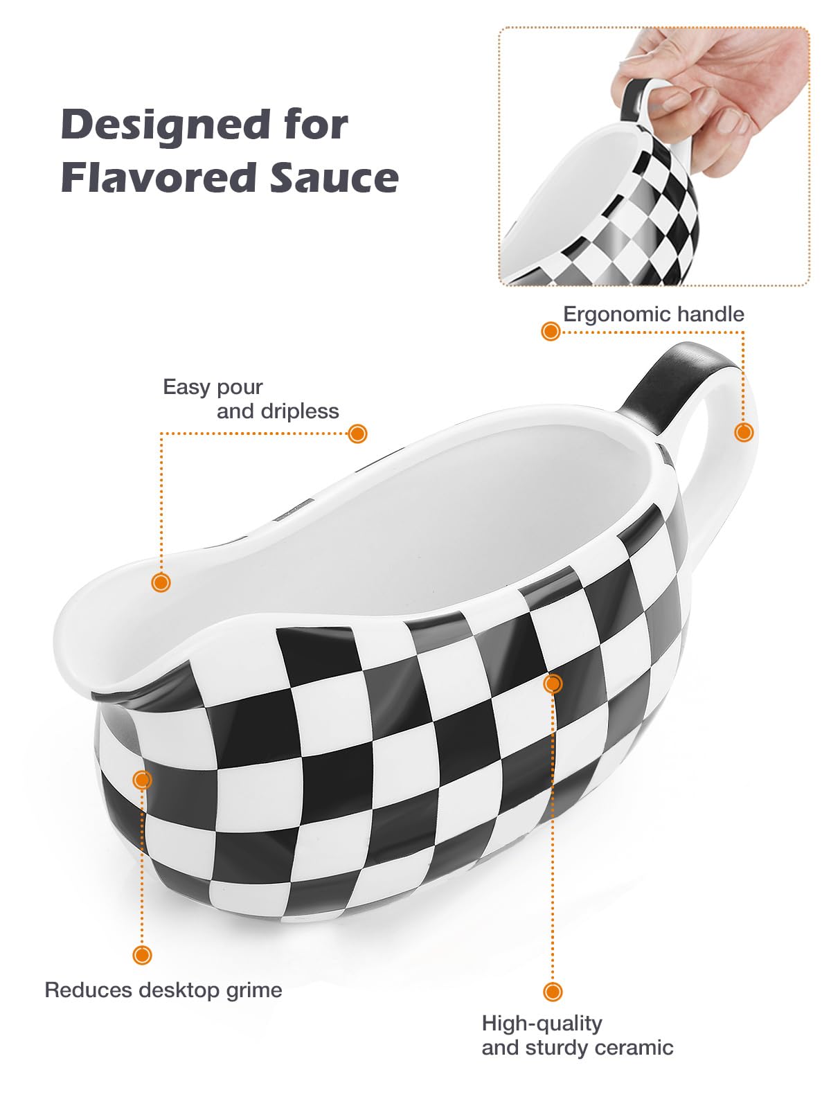LoeJan Gravy Boat with Spoon, Ceramic Sauce Serving Dish, Easy-Pour Big Dripless Lip Spout Serveware Set For Salad Cream Milk Broth Black Pumpkin Thanksgiving
