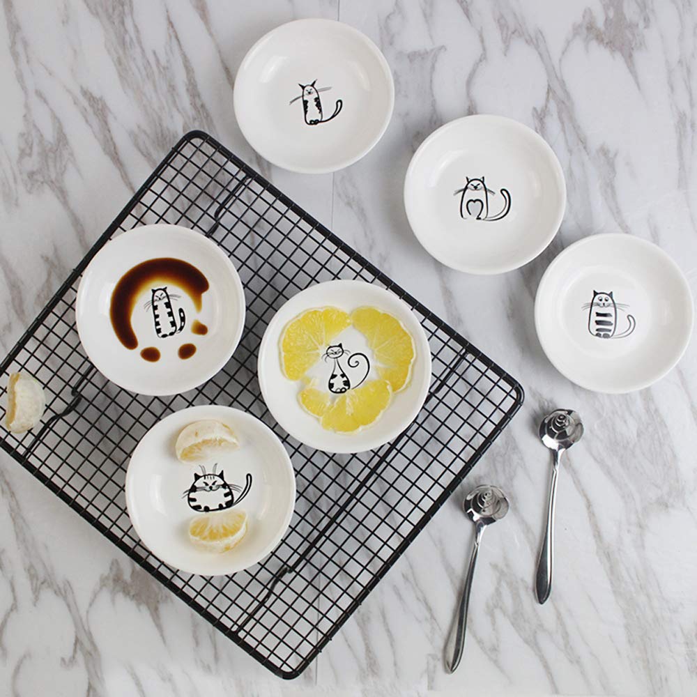 FUYU 6pcs Cute Cat Ceramic Sauce Plate, Snack Plate, Side Dish, 4 inches