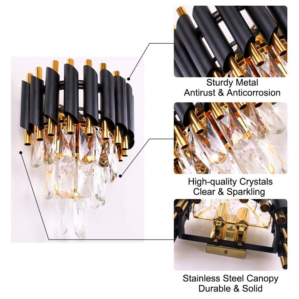 FRIXCHUR Modern Crystal Wall Sconce Lighting Black Crystal Wall Light Fixture Bedside Light 3 Tiers Crystal Wall Lamp for Bedroom Bathroom Dinning Living Room Hallway 2X E12 Base