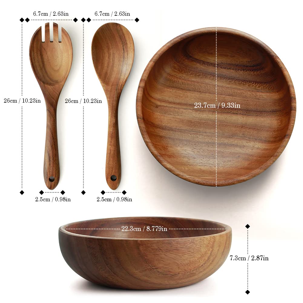 AOOSY Acacia Wood Salad Bowl Set — 9Inch Handmade Wooden Bowl with Serving Spoon & Fork, 3-Piece Mixing & Serving Set