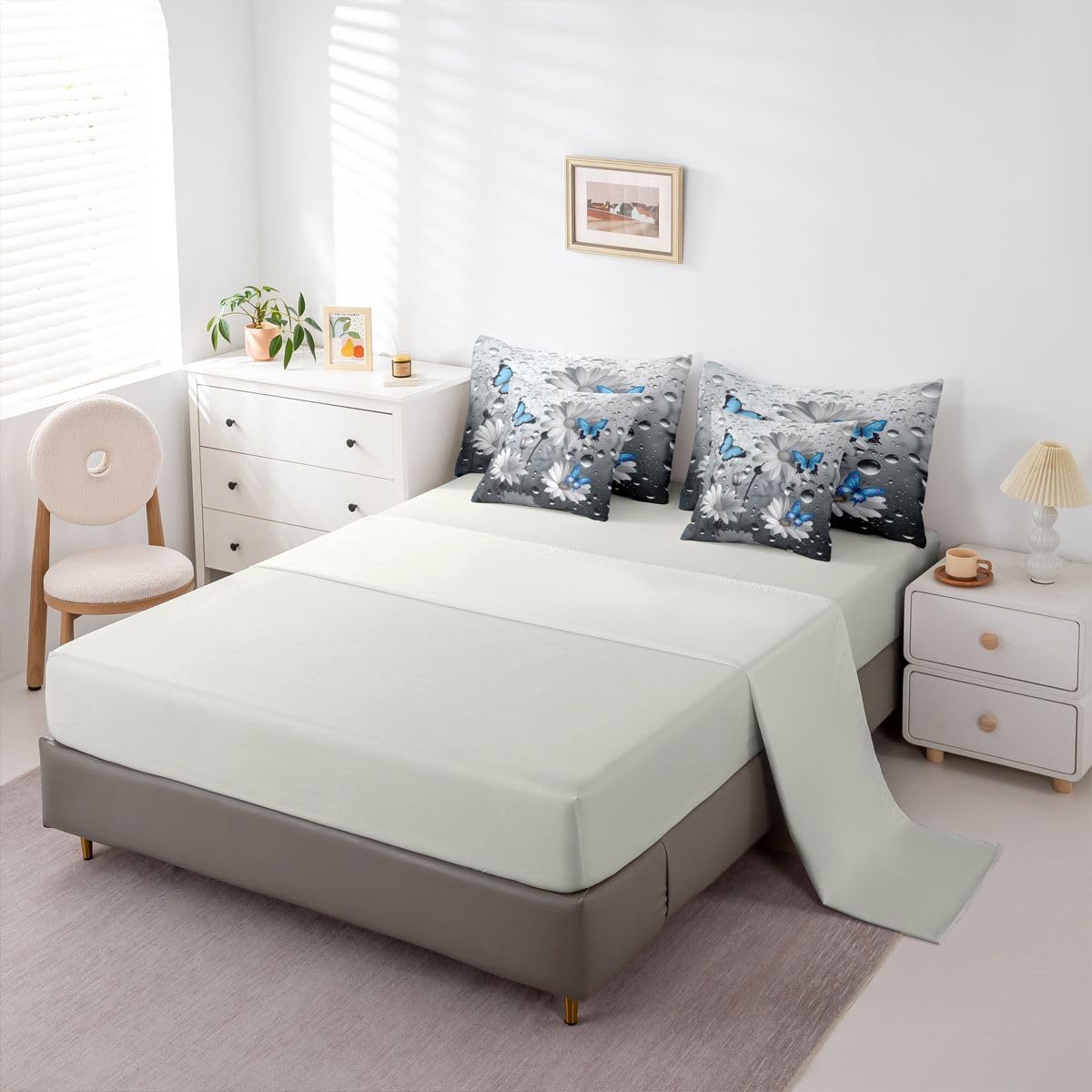Erosebridal Water Droplets 7 Piece Bedding Set Queen Butterfly Comforter Set with Sheets Daisy Fog Dreamy Blue Butterflies Bed in a Bag Bud Retro 3D Flower Pattern for Kids Boys Girls
