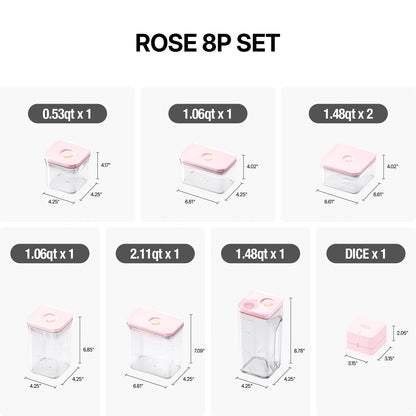 VAKUEN Premium Airtight Food Storage Containers ROSE 8P/SET, 6pcs Container, 1pcs Water Pitcher and Vacuum Sealer. Patented Double Silicone Lining, 100% Leak Proof, BPA-FREE