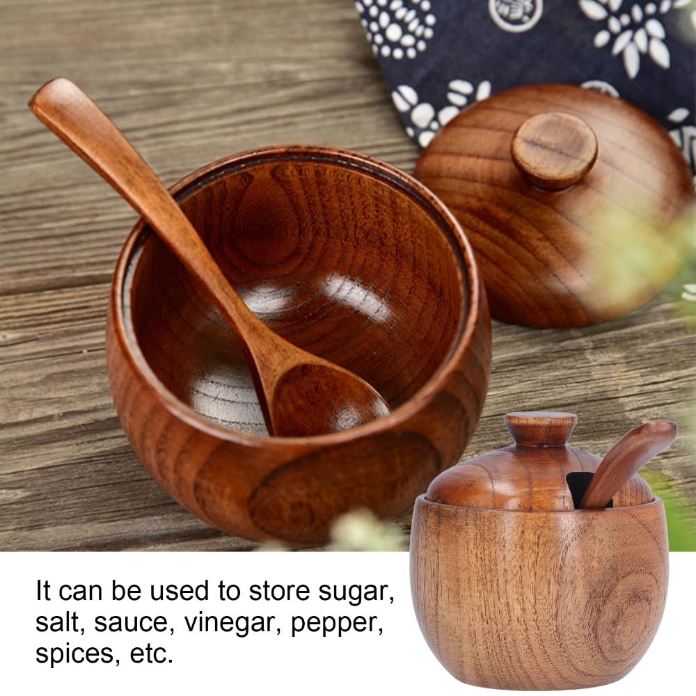 Anu Limen Wooden Sugar Bowl with Lid and Spoon - Spice Jar for Kitchen Pantry, Salt and Peppers Container, Rustic Brown Condiment Dispenser 3.5x3.3 in