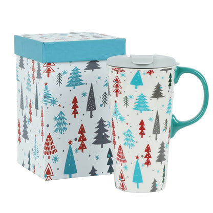 Topadorn Christmas Tree Ceramic Mug Coffee Cup with Spill-proof Lid and Box, 17 Oz.