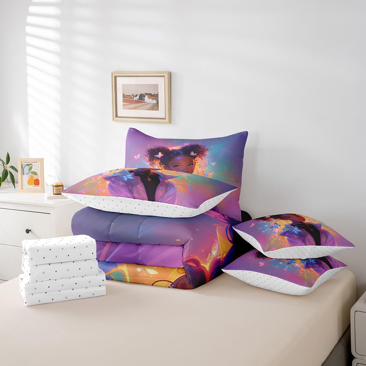 Castle Fairy Cool Girl Bedding Set,Neon Dreamy Butterfly Twin Comforter Set with Sheets for Kids Girls Teens Room Decor,African American Style Bed in a Bag 7 Piece for Bedroom Living Room