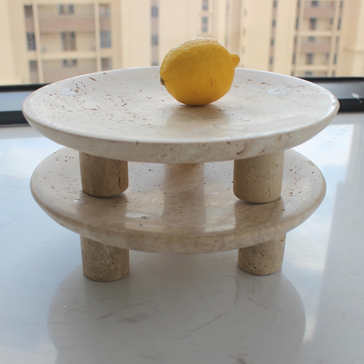 Nawgnail Handmade Travertine Fruit Bowl for Kitchen Counter 10", Large Decorative Bowl for Home Decor, Modern 3-Legs Serving Plate, Key Bowl for Entryway