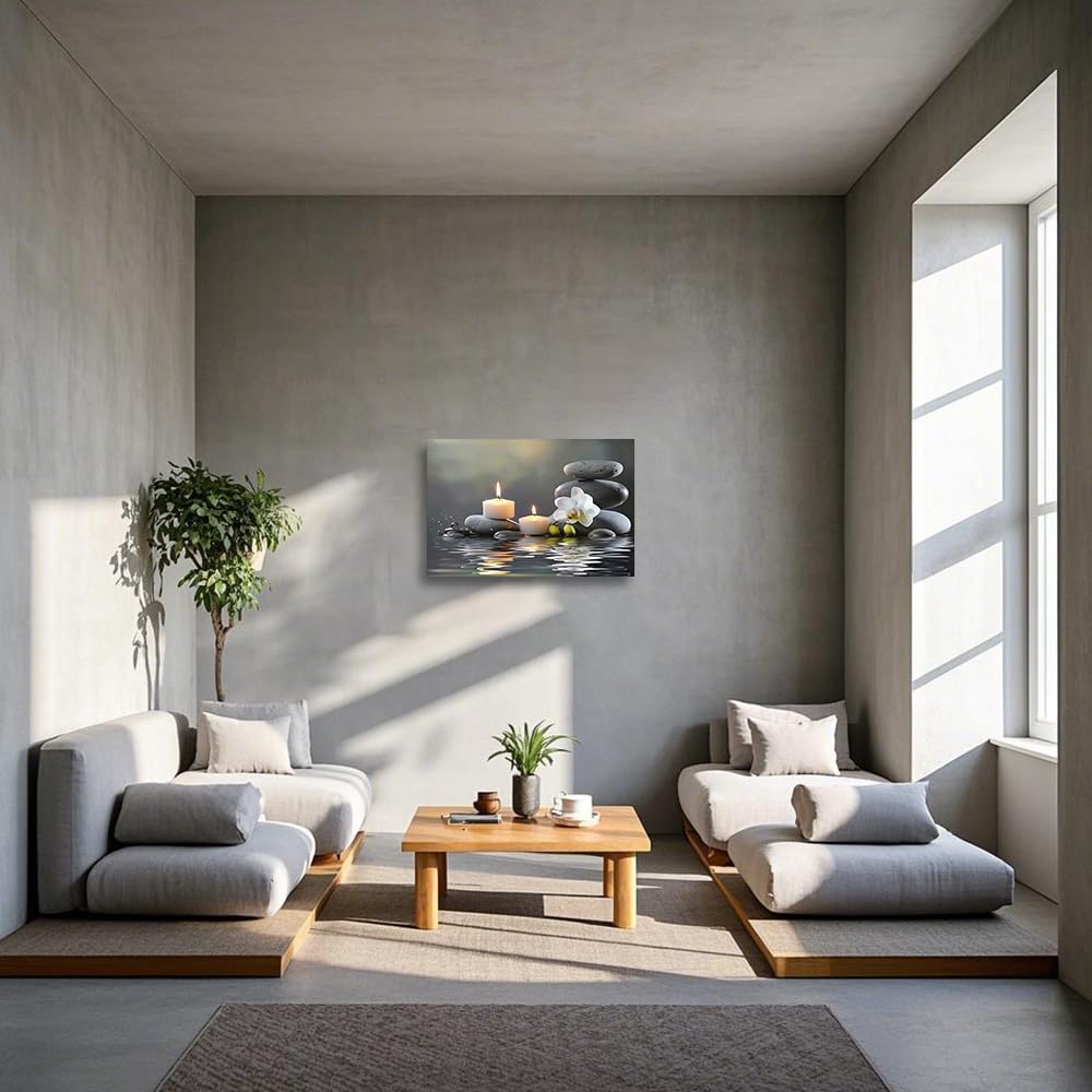 CGXLB Zen Stone Wall Art Candles & Orchid Painting Serene Water Decor for Spa Bathroom Bedroom Meditation Room 24"x36"