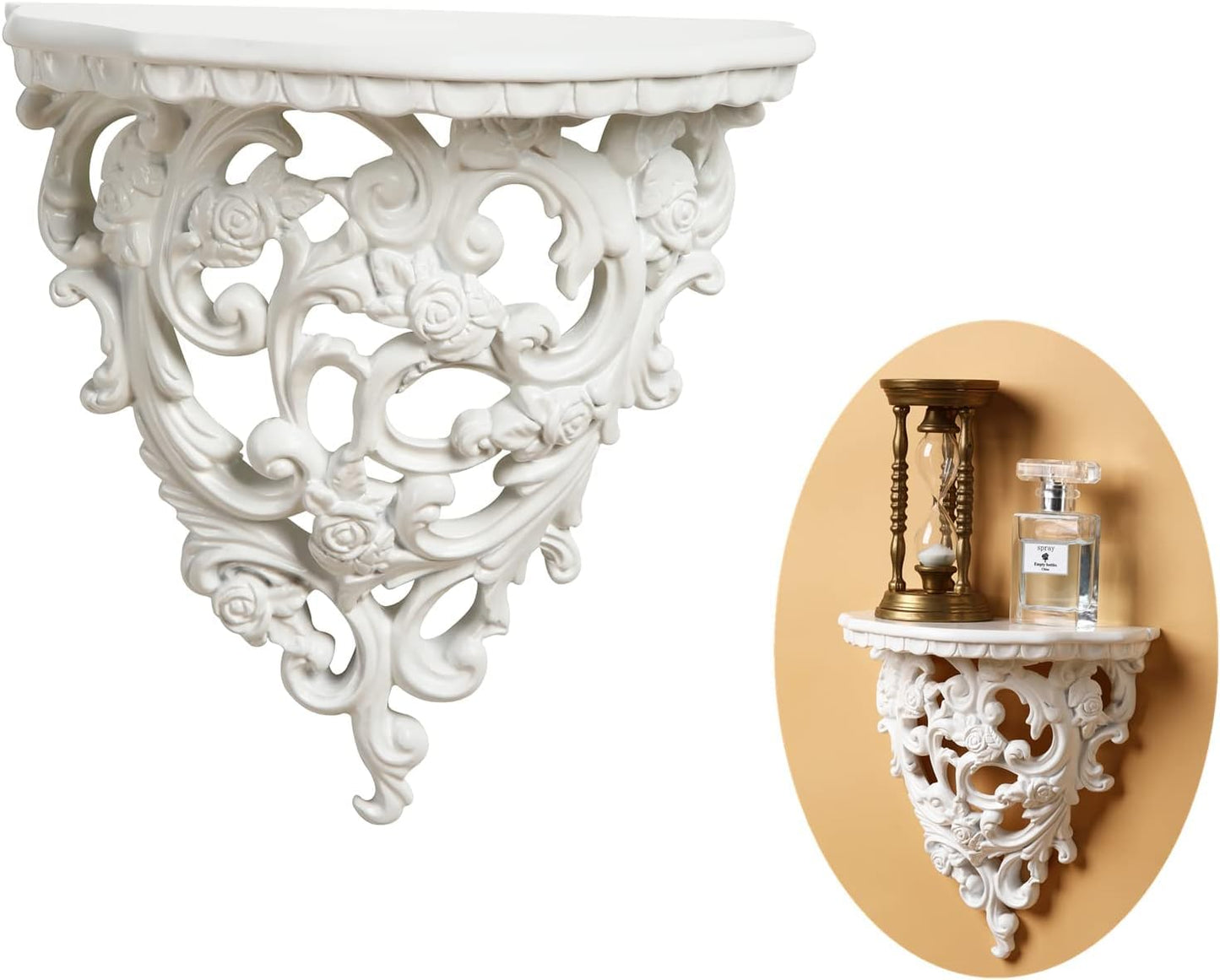 Z metnal Small Victorian Decorative Floating Shelves, Wall Mounted Decor Shelves, Classic Wall Display Organizer, Retro Hollow Carving Art Ornament Rack, Baroque Style Decorative Stand, White, Resin