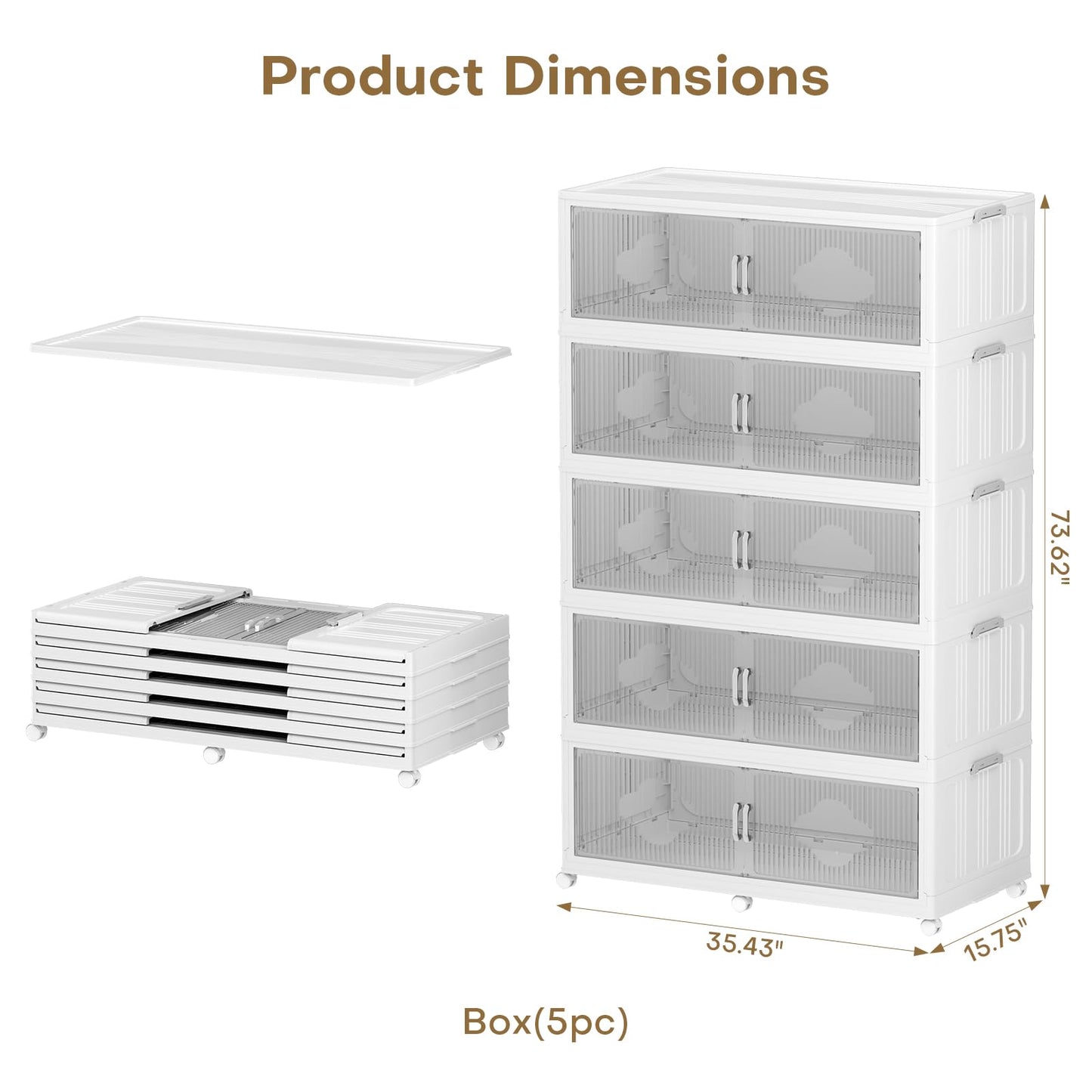 HOCRYPTA 300Gal Extra Large Foldable Storage Organizer with Lid, 1200QT Stackable Plastic Storage Bins with Clear Magnetic Doors & Wheels, for Bedroom Garage Closet Kitchen Dorm Home,5‑Pack