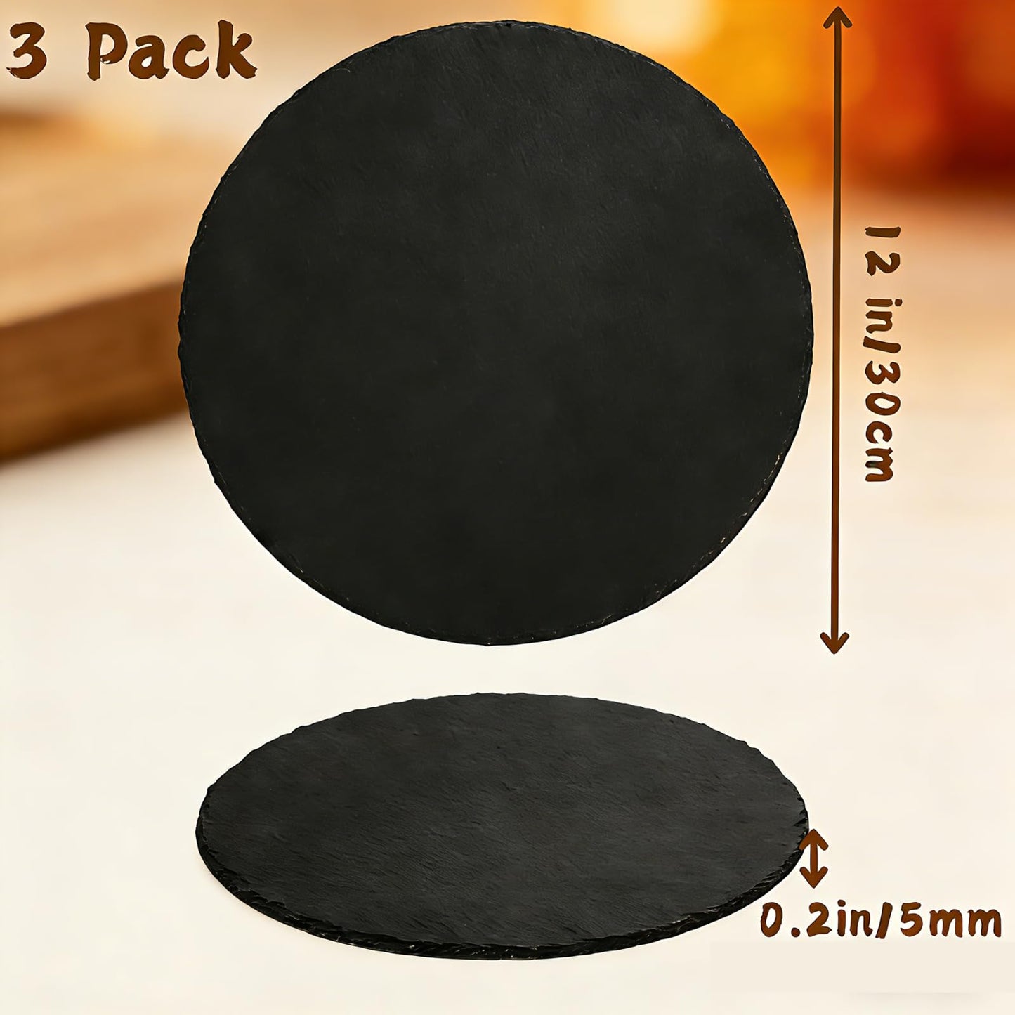 Hacaroa 3 Pack Slate Cheese Board, 12 Inch Large Round Charcuterie Boards Natural Stone Plate Tray, Blank Black Slate Serving Platter for Meat, Fruit, Appetizer, Laser Engraving, Party