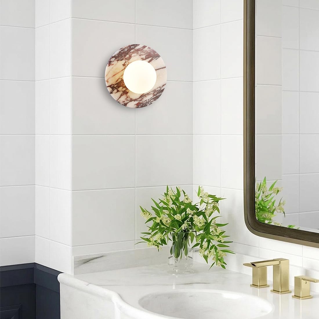 Calacatta Viola Marble Wall Sconce-Unique 7.8”Alabaster Sconce for Bedroom,Bathroom Vanity,Hallway & Yoga Room,Modern Hardwired Marble Style Stone Glass Wall Lamp for Meditation,Reading & Spa Decor