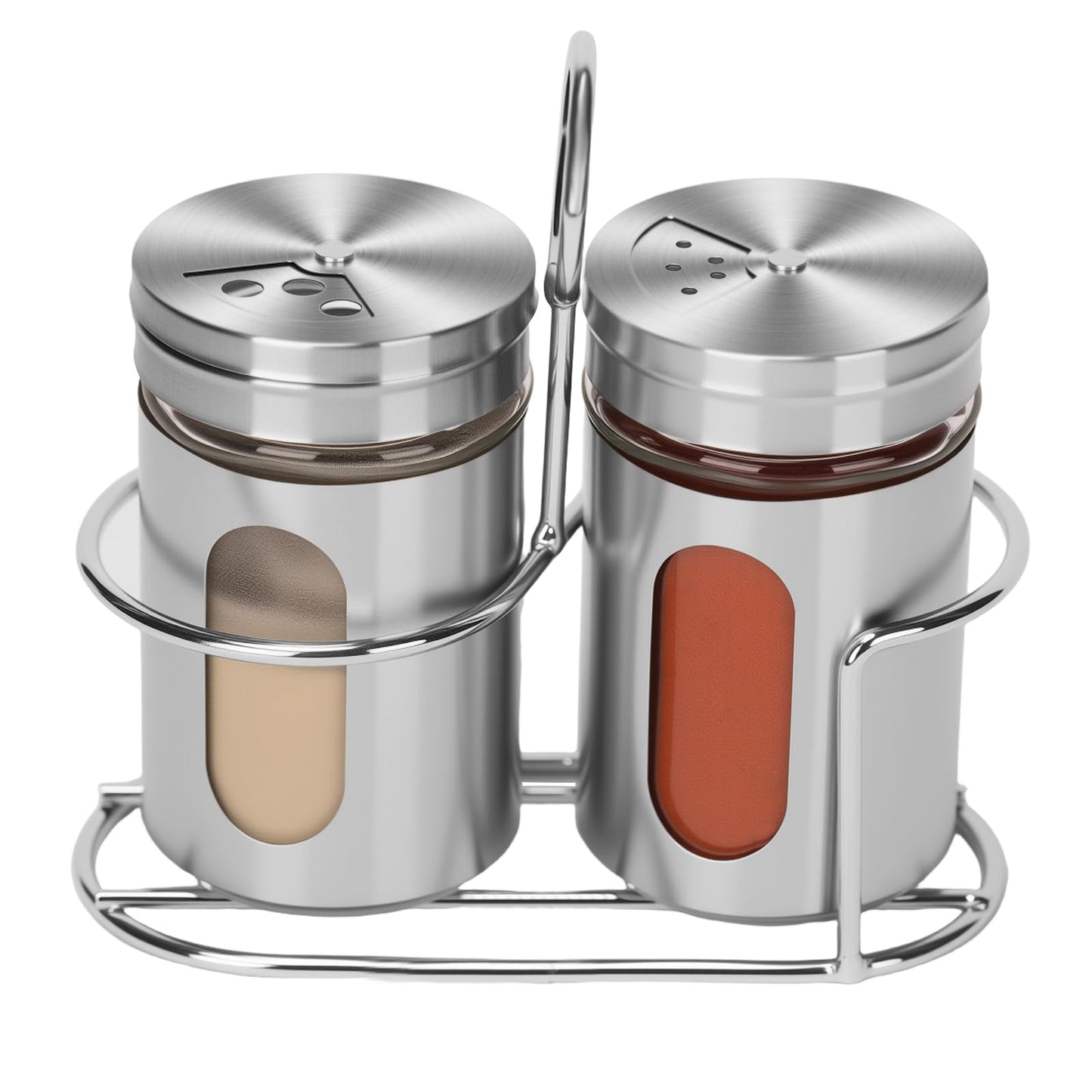 Glass Salt and Pepper Shaker Set with Seasoning Rack, Spice Rack, Adjustable Pour Hole Stainless Steel Lid, 2.8 oz, Spice Dispenser for Salt, Pepper, Spice Preservation (silver)