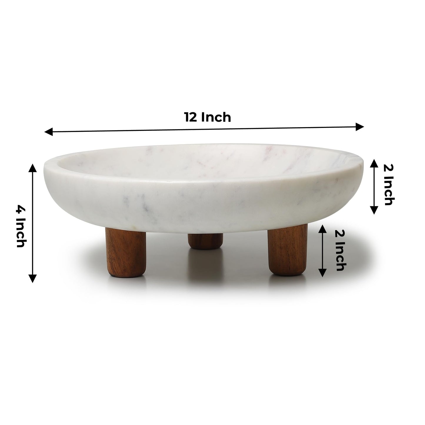 LAVAUK Marble Fruit bowl with three wood legs | 11.8 inch dia footed bowl for kitchen counter | Use as centerpiece for dining table, key bowl for entryway table, or potpurri/decorations (Large)