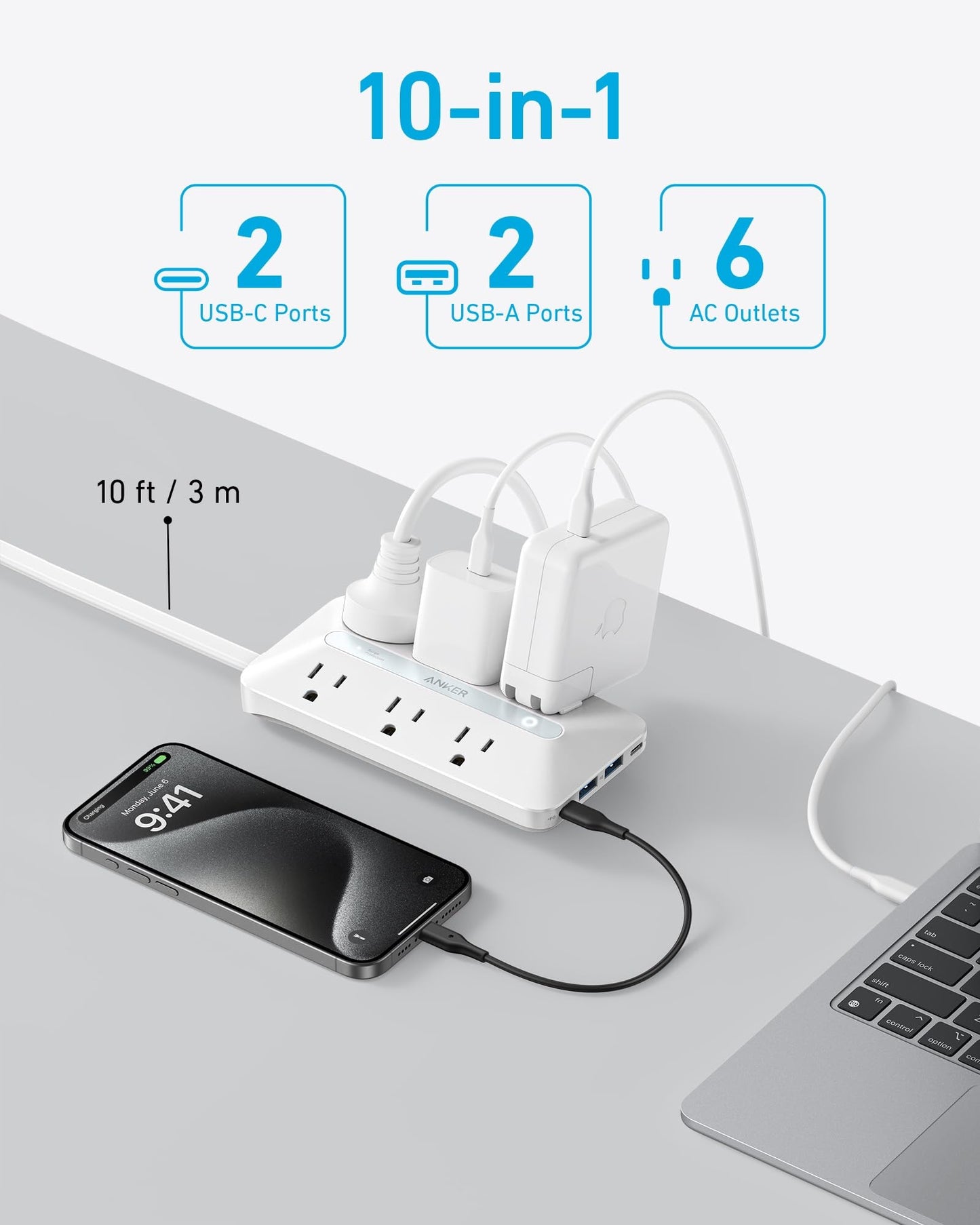 Anker 300J Flat Plug 10-in-1 Ultra Thin Power Strip with 6 AC, 2 USB-A & 2 USB-C Ports, Extension Cord, Desk Charging Station for Home, Office, College, Dorm, 5 Feet, Black