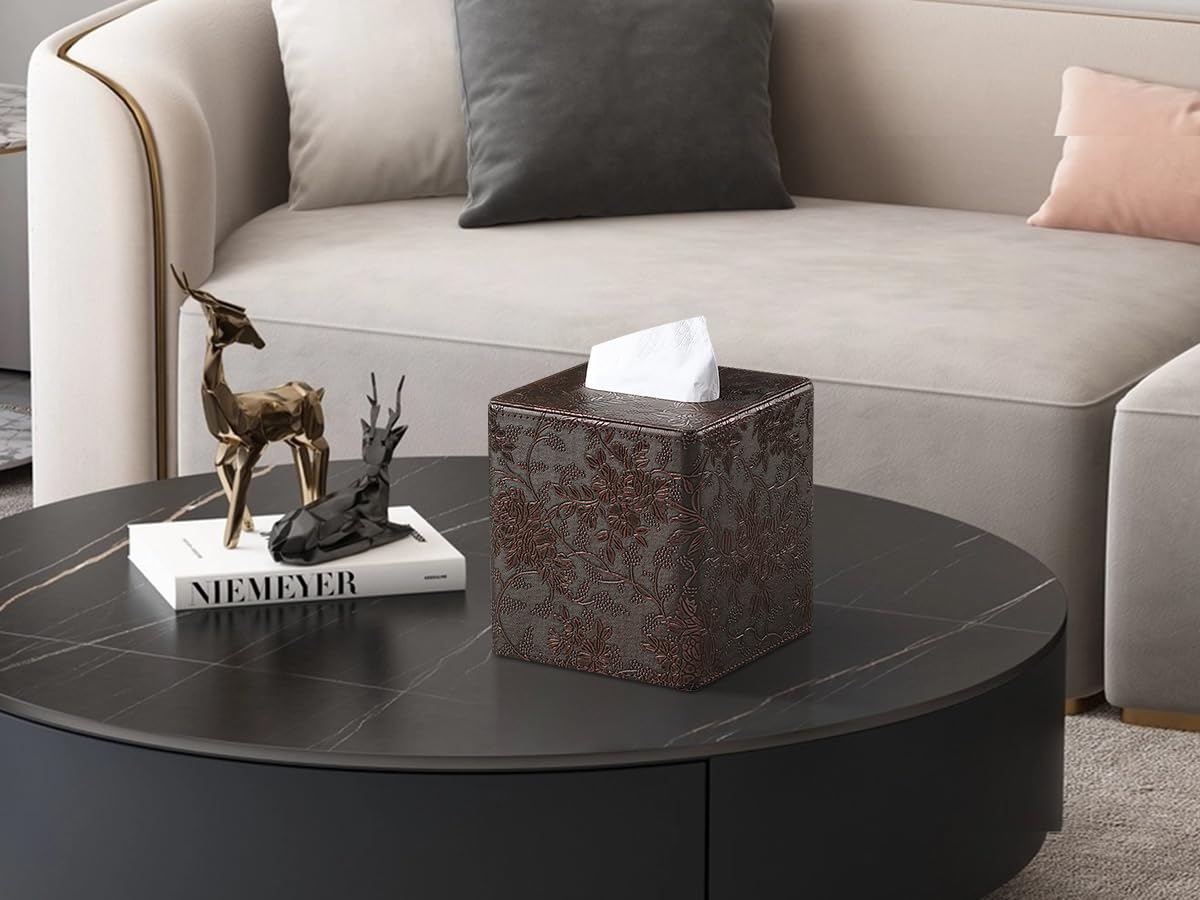 Square Tissue Box Cover, Stylish Leather Tissue Box Holder with Magnetic Bottom, Used As A Decorative Tissue Holder for Living Rooms, Bedrooms, and Desks (Brown Grape Pattern)