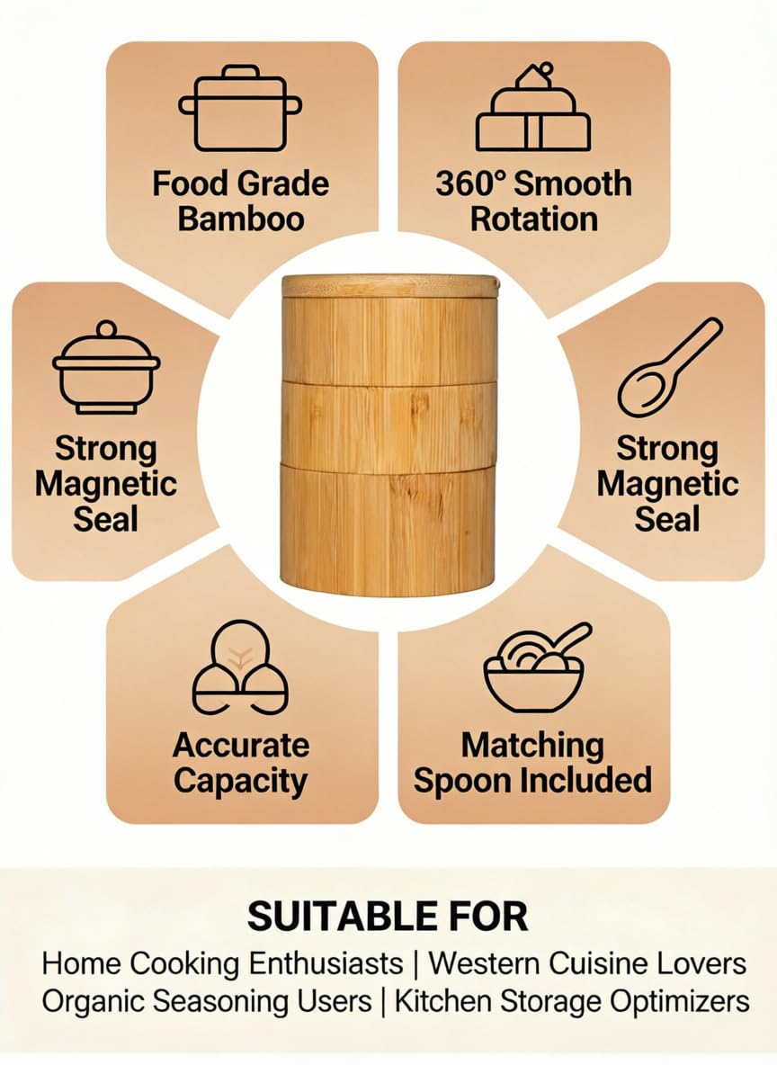 DegoCython 3-Layer Bamboo Salt Container with Magnetic Lid and Spoon, Large Capacity 10.5 Oz (Approx 287.7g) - Ideal for Celtic Sea Salt, Redmond Real & Pepper Storage