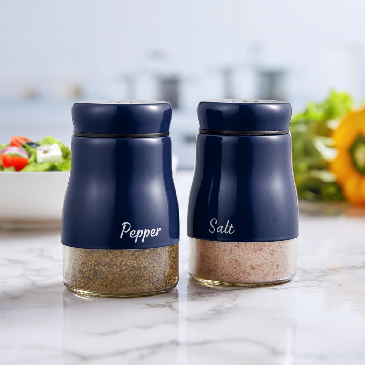 Navy Blue Salt and Pepper Shakers Set, Bivvclaz 5 Ounce Salt and Pepper Dispenser with Glass Bottom, Cute Salt and Pepper Shakers for Blue Kitchen Decor and Accessories