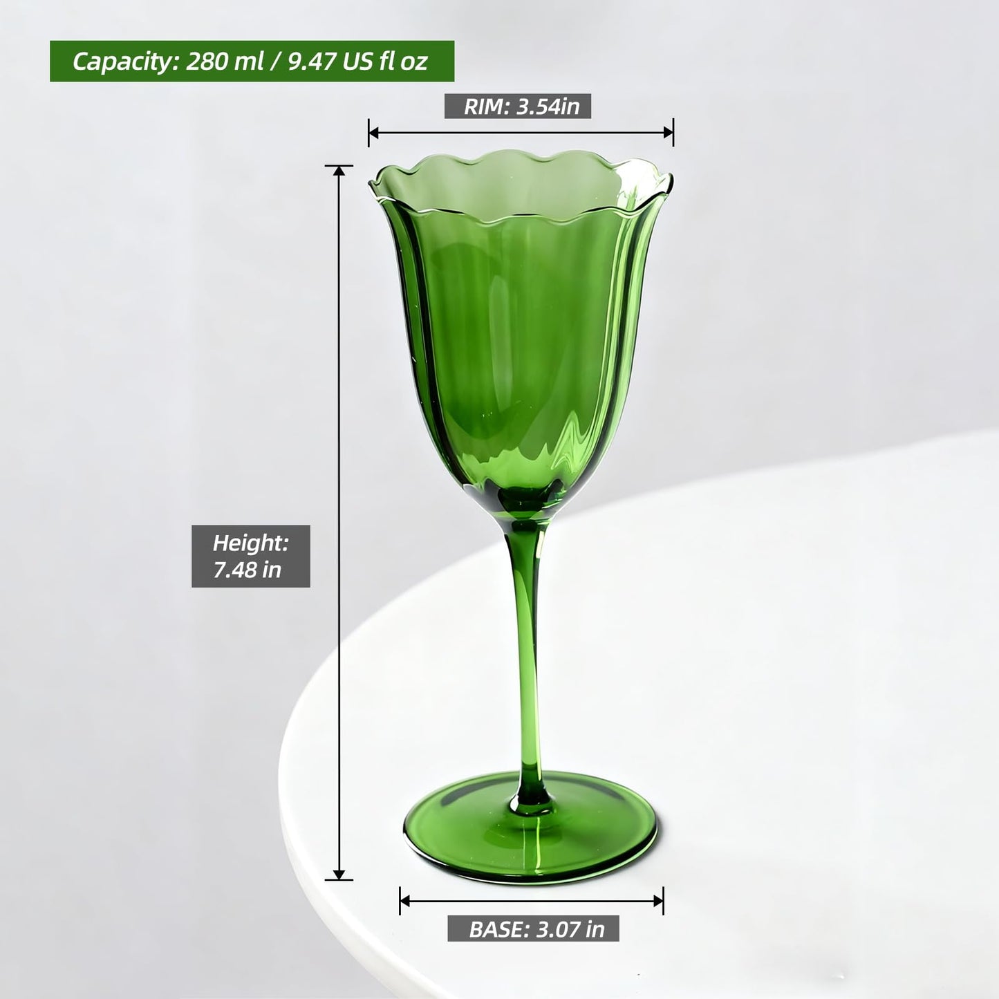 KAMMAK Wine Glasses Set of 2, 9.47 oz Hand Blown Crystal Bordeaux Wine Glasses, Thin Rim & Long Stem, Perfect for Red & White, Daily Use, Wedding or Birthday Gift with Gift Box, Fully Green Flowers