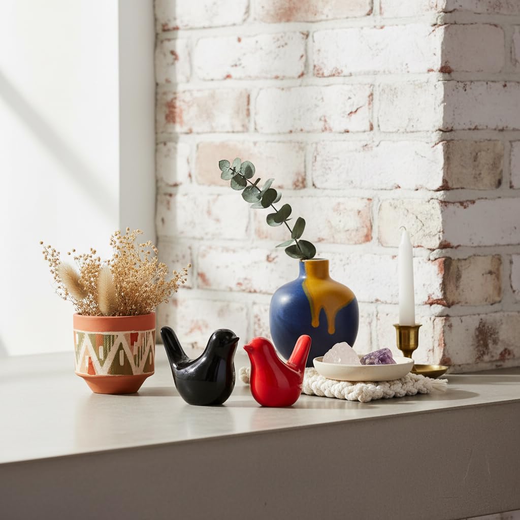Small Ceramic Bird Statue and Sculpture for Home Decor Accents,Modern Animal Ornaments for Living Room,Bedroom,Coffee Table Centerpiece,Bookshelf,Cabinets,Cute Knick Knacks for Shelves (Black Red)