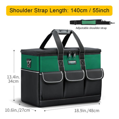WINHUNT Tool Bag, 19-inch Wide Mouth Tool Organisers, 600 Denier with 6 Interior 8 Exterior Pockets Large Tool Bag for Home DIY & Equipment Storage, Green and Black (19 inch)