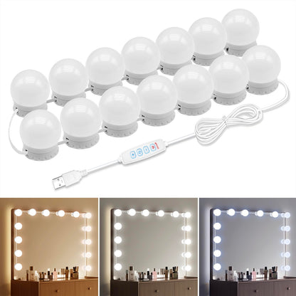 LED Vanity Mirror Lights with 12 Stick On Dimmable Bulbs, 3000K 4500K 6500K & 10 Brightness Levels Adjustable, Plug in USB Cable, Hollywood Style Mirror Lights for Makeup Desk Bathroom Dressing Room