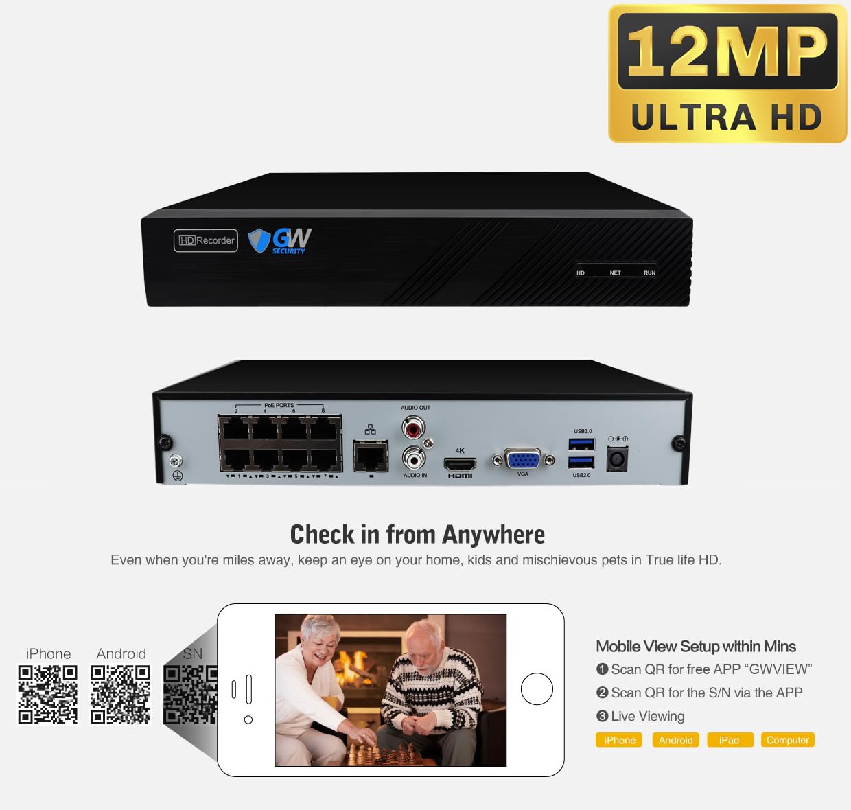 GW Security 8 Channel Smart AI PoE NVR Ultra-HD 4K (3840x2160) Security Camera System with 6 x 4K (8MP) 2160P Face Recognition/Human/Vehicle Detection Waterproof Microphone IP Dome Camera